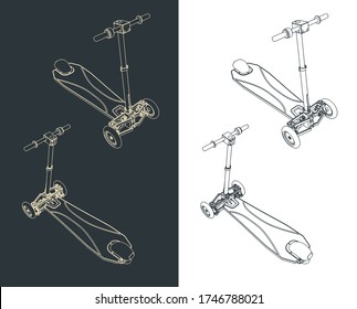 Stylized vector illustration of a 3 wheel electric scooter isometric drawings