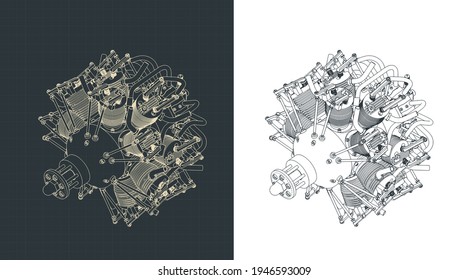 Stylized vector illustration of aircraft radial engine isometric drawing