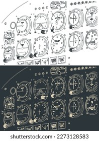 Stylized vector illustration of an airplane control panel close up