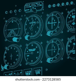 Stylized vector illustration of an airplane control panel close up