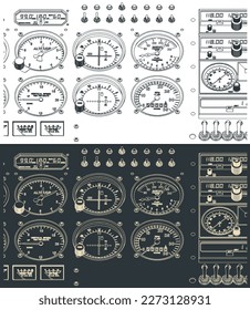 Stylized vector illustration of an airplane control dashboard close up