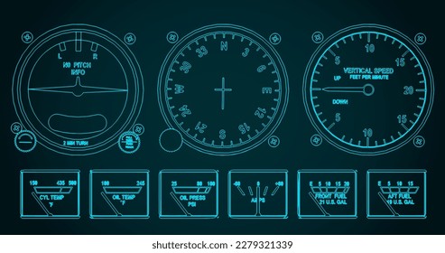 Stylized vector illustration of an airplane control dashboard close up