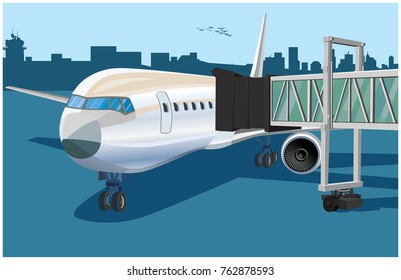 Stylized vector illustration of an airplane with a telescopic gangway in the airport