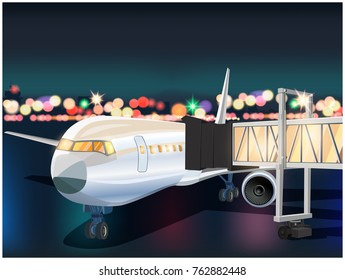 Stylized vector illustration of an airplane with a telescopic gangway in the airport at night