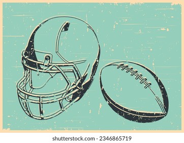 Stylized vector illustration of an American football helmet and ball in retro poster style
