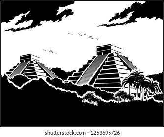 Stylized vector illustration of ancient Mayan pyramids in the jungle