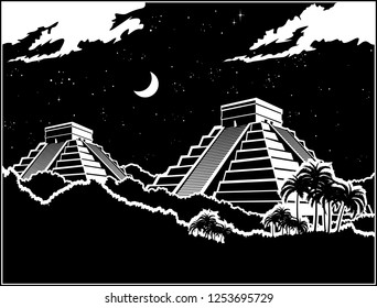 Stylized vector illustration of ancient Mayan pyramids in the jungle at night