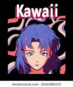 Stylized vector illustration of an anime girl with purple hair and large expressive eyes, set against a vibrant abstract background with the word “Kawaii” above her head.