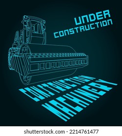 Stylized vector illustration of asphalt roller and construction machinery