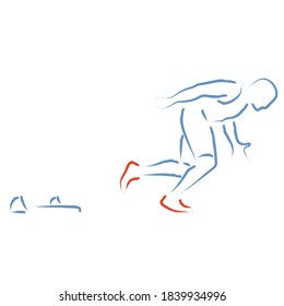 Ilustración vectorial estilizada con sprint atleta en los bloques iniciales