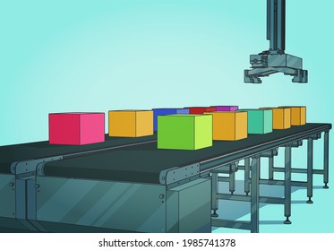 Stylized vector illustration of automated conveyor line with robotic manipulator