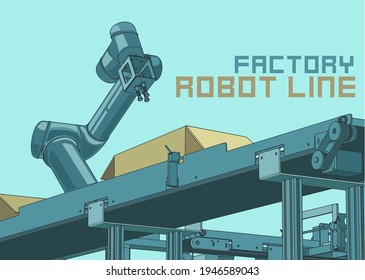 Stylized vector illustration of automated factory  line