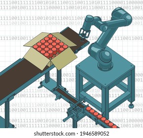Stylized vector illustration of automated factory line