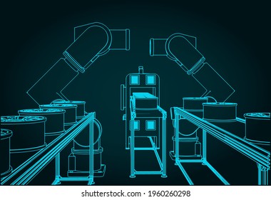 Stylized vector illustration of automated factory line