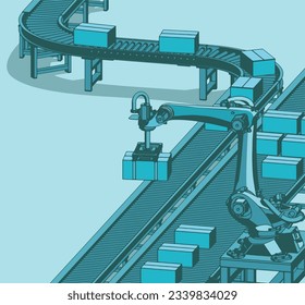 Stylized vector illustration of automated factory conveyor line