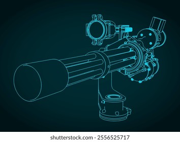 Stylized vector illustration of automatic turret with six-barrel rotary machine gun