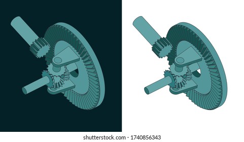 Stylized vector illustration of automobile differential color drawings