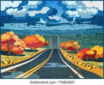 Stylized vector illustration of an autumn road through the valley during a thunderstorm