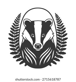 Ilustración vectorial estilizada de un tejón con un llamativo contraste blanco y negro enmarcado por hojas de laurel decorativas en un diseño circular. Ideal para la marca inspirada en la naturaleza, el diseño de logotipos o