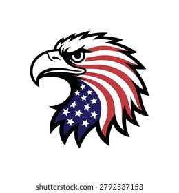 A stylized vector illustration of a bald eagle head featuring the American flag pattern, perfect for patriotic branding, sports logos, or national themes.