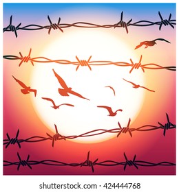 Stylized vector illustration of barbed wire and flying birds in sunlight