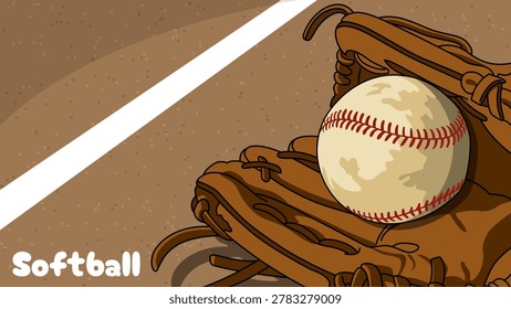 A stylized vector illustration of a baseball or softball resting inside a brown leather glove on a dirt field with a white foul line. World Softball Day, June 13th