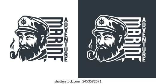 Stylized vector illustration of a bearded sea captain in a sailor hat, capturing the spirit of nautical adventure with marine design suitable for logos or apparel.