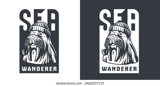 Stylized vector illustration of a bearded sea wanderer. Nautical walrus in sailor hat with for logos, t-shirts, and maritime branding in monochrome black and white versions.