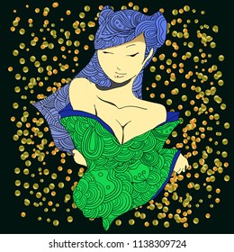 stylized vector illustration of a beautiful geisha girl in green kimono. Japanese girl. Doodle style.