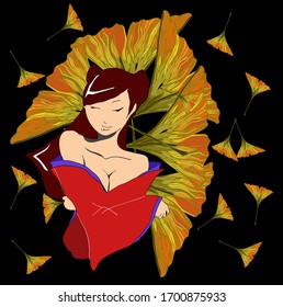 Stylized vector illustration of a beautiful geisha girl in red on background with gingko leaves. Japanese girl. Doodle style.