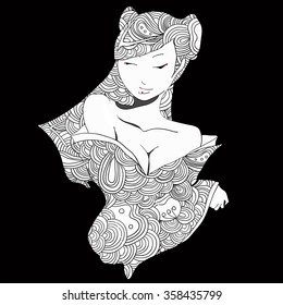 stylized vector illustration of a beautiful geisha girl. Japanese girl. Zentangle. Doodle style. Can be used as adult coloring book, coloring page, card.