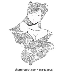 stylized vector illustration of a beautiful geisha girl. Japanese girl. Zentangle. Doodle style. Can be used as adult coloring book, coloring page, card.
