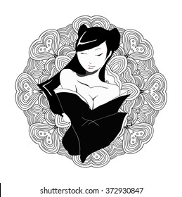 stylized vector illustration of a beautiful geisha girl. Japanese girl. Zentangle. Doodle style. Can be used as adult coloring book, coloring page, card. Mandala