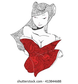 stylized vector illustration of a beautiful geisha girl in red clothes. Japanese girl. Zentangle. Doodle style. Can be used as adult coloring book, coloring page, card.