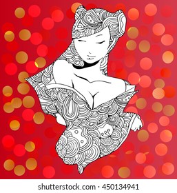 stylized vector illustration of a beautiful geisha girl. Japanese girl. Zentangle. Doodle style. Can be used as adult coloring book, coloring page, card. 