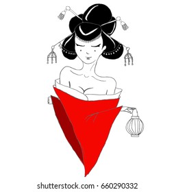 stylized vector illustration of a beautiful geisha girl in red. Japanese girl. . Doodle style. 