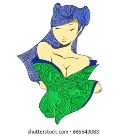 stylized vector illustration of a beautiful geisha girl in green clothes. Japanese girl. Zentangle. Doodle style. Can be used as adult coloring book, coloring page, card.