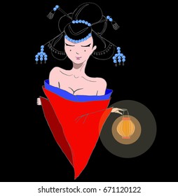 Stylized vector illustration of a beautiful geisha girl in red kimono at night. Japanese girl with a lamp. Doodle style. 