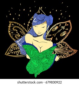 Stylized vector illustration of a beautiful geisha girl in green clothes with lotous. Japanese girl. Zentangle. Doodle style. Can be used as adult coloring book, coloring page, card.