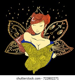Stylized vector illustration of a beautiful geisha girl in green clothes with lotous. Japanese girl. Zentangle. Doodle style. Can be used as adult coloring book, coloring page, card.