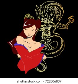Stylized vector illustration of a beautiful geisha girl in red kimono at night with dragon. Japanese girl with a lamp. Doodle style.  