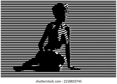 Stylized vector illustration of a beautiful nude girl sitting by the shadow of the window blinds