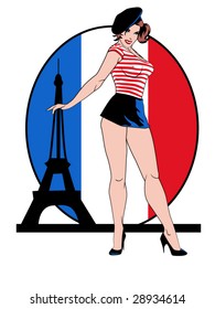 stylized vector illustration of a beautiful pinup in front of a french flag and the Eiffel tower.... flag contained in clipping mask..this is part of a set