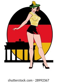 stylized vector illustration of a beautiful pinup in front of a german flag and the brandeburg gate... flag contained in clipping mask...this is part of a set
