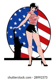 stylized vector illustration of a beautiful pinup in front of an american flag and the statue of liberty... flag contained in clipping mask...this is part of a set