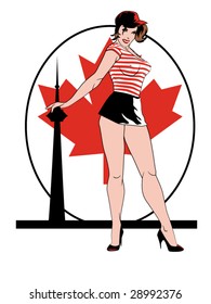 stylized vector illustration of a beautiful pinup in front of a canadian flag and the CN Tower... flag contained in clipping mask...this is part of a set