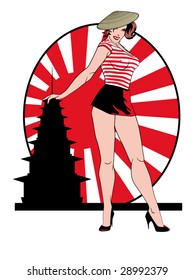 stylized vector illustration of a beautiful pinup in front of a japanese flag and a pagoda... flag contained in clipping mask...this is part of a set