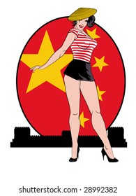 stylized vector illustration of a beautiful pinup in front of a chinese flag and the great wall of china... flag contained in clipping mask...this is part of a set