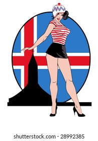 stylized vector illustration of a beautiful pinup in front of an icelandic flag and the Hallgrimskirkja cathedral... flag contained in clipping mask...this is part of a set