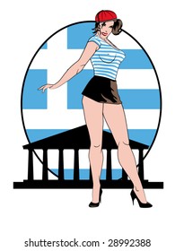 stylized vector illustration of a beautiful pinup in front of a greek flag and the Parthenon ... flag contained in clipping mask...this is part of a set